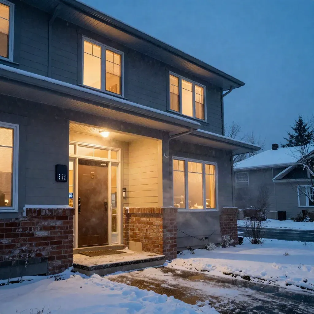 Snowy semi-detached home with glowing alarm keypad and warm windows at blue hour