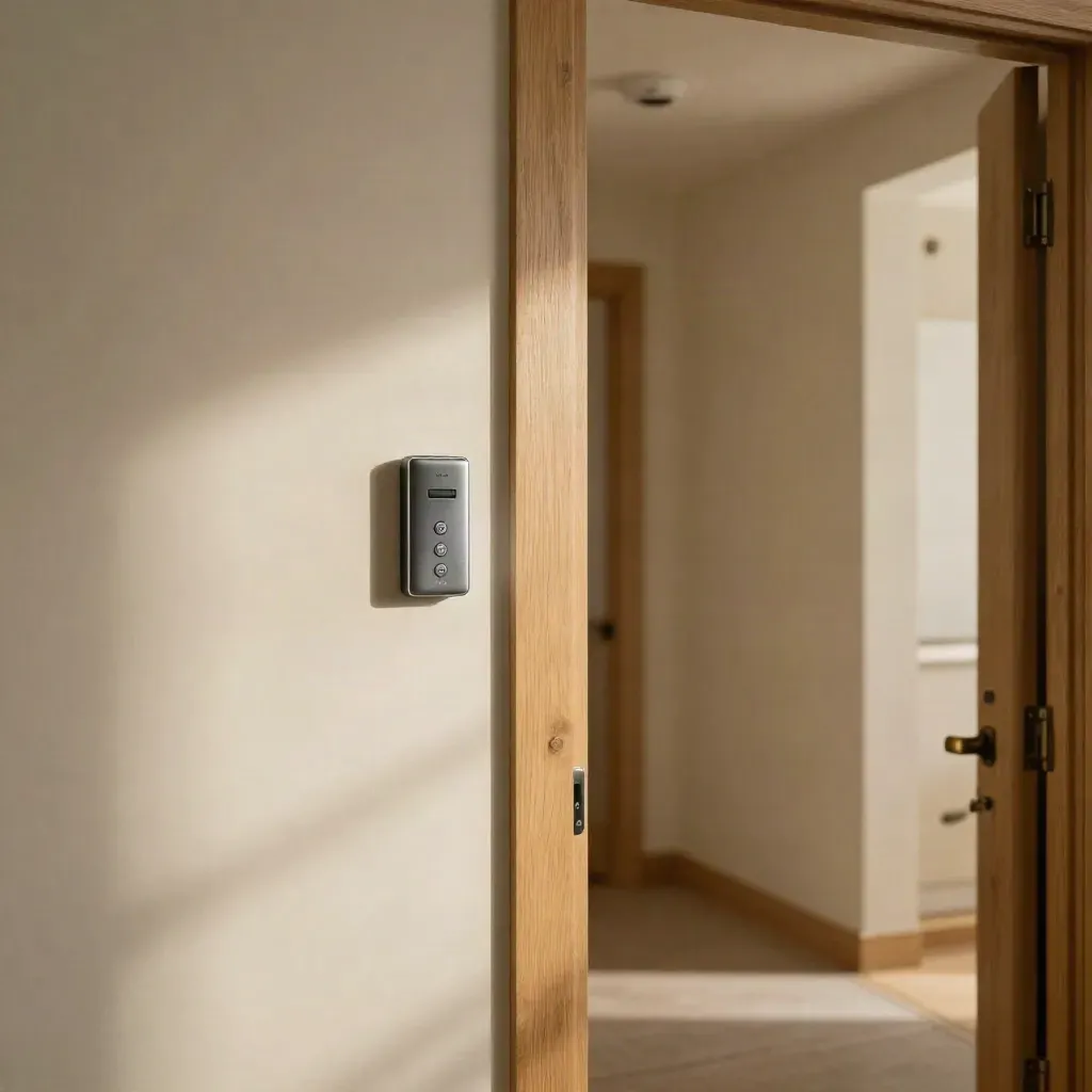 Sunlit entry hall with alarm keypad, motion sensor and door contact in a finished home.