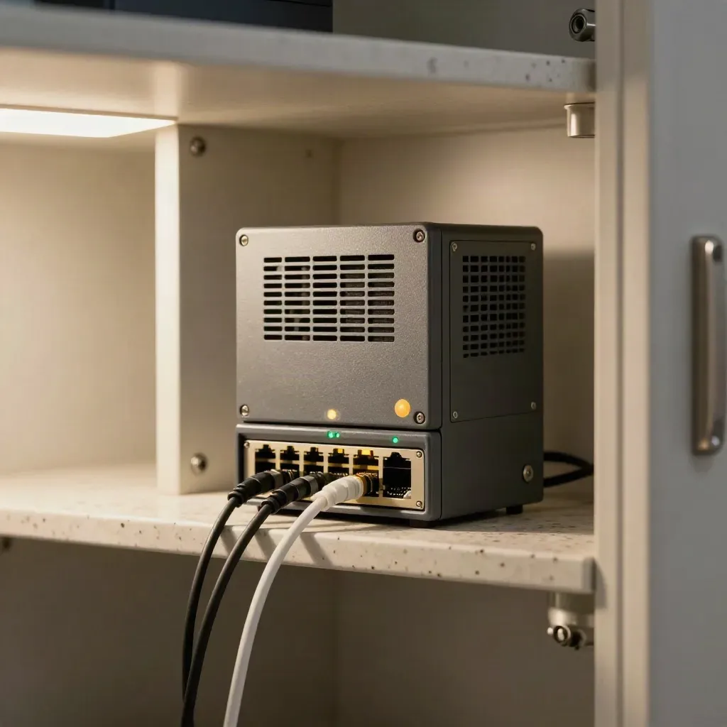 Monitoring rack and backup battery glowing inside a utility closet