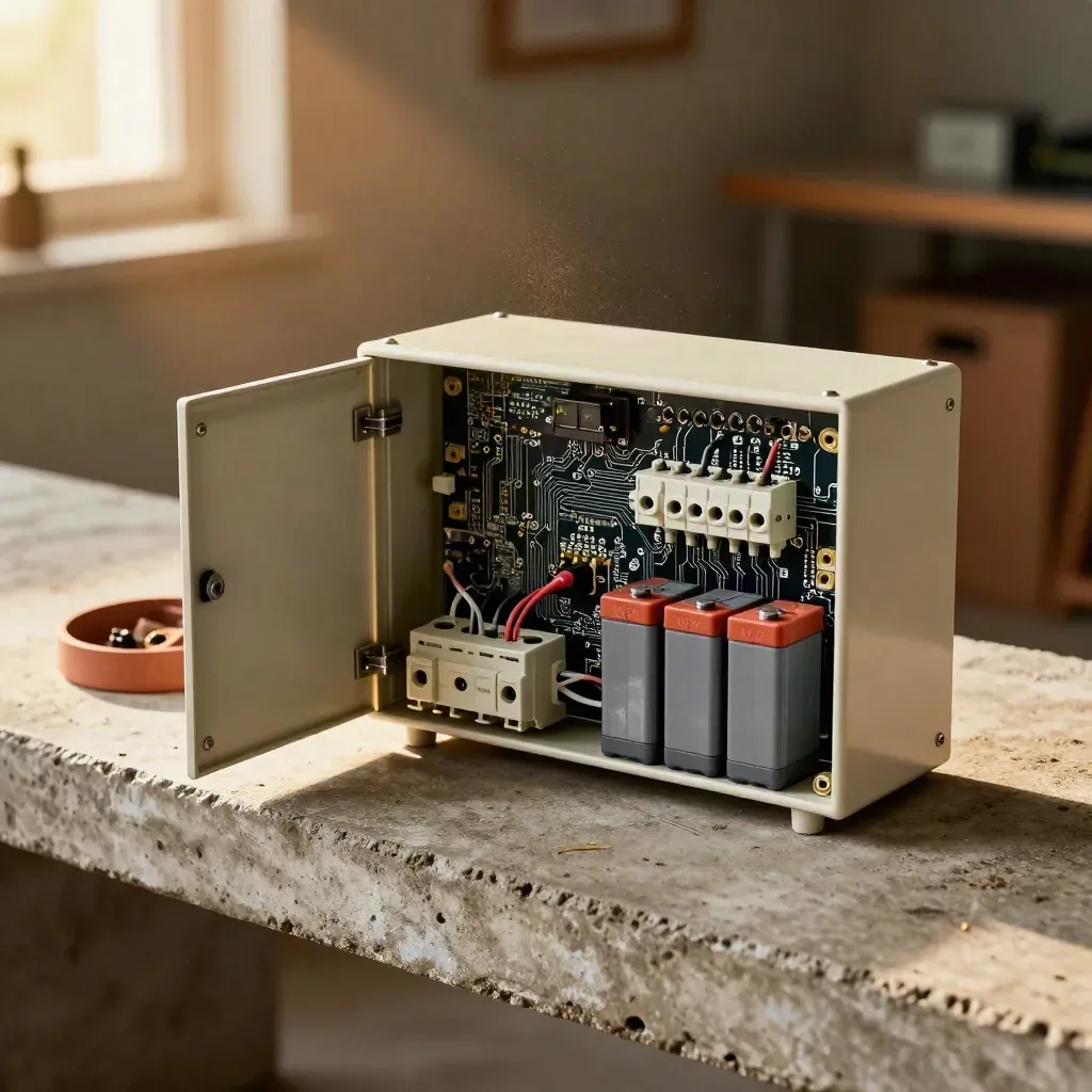 Opened alarm panel with fresh battery and replacement contact on a dusty basement bench