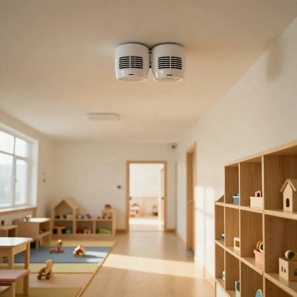 Daycare corridor with paired smoke and CO alarms above a bright, tidy playroom.