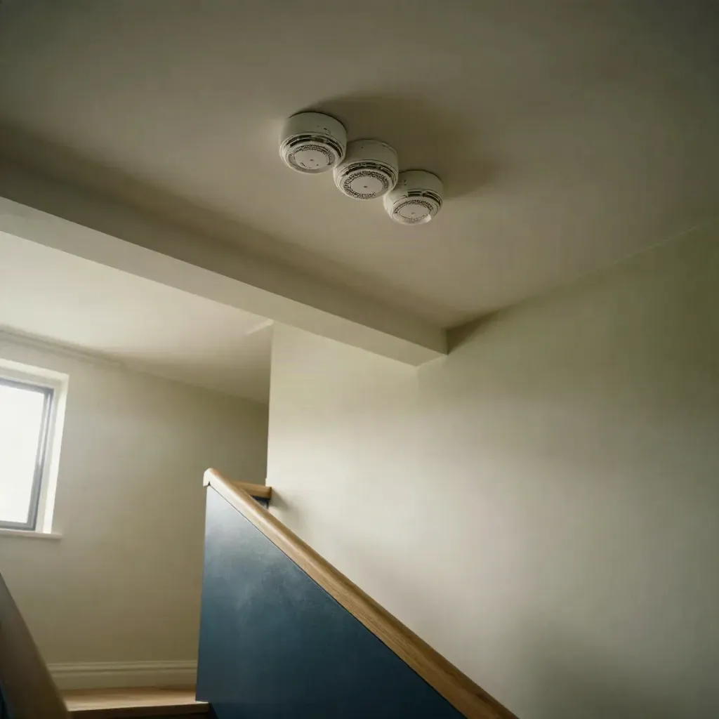 Modern bungalow hallway ceiling with linked smoke and CO alarms above a stair landing in soft morning light.
