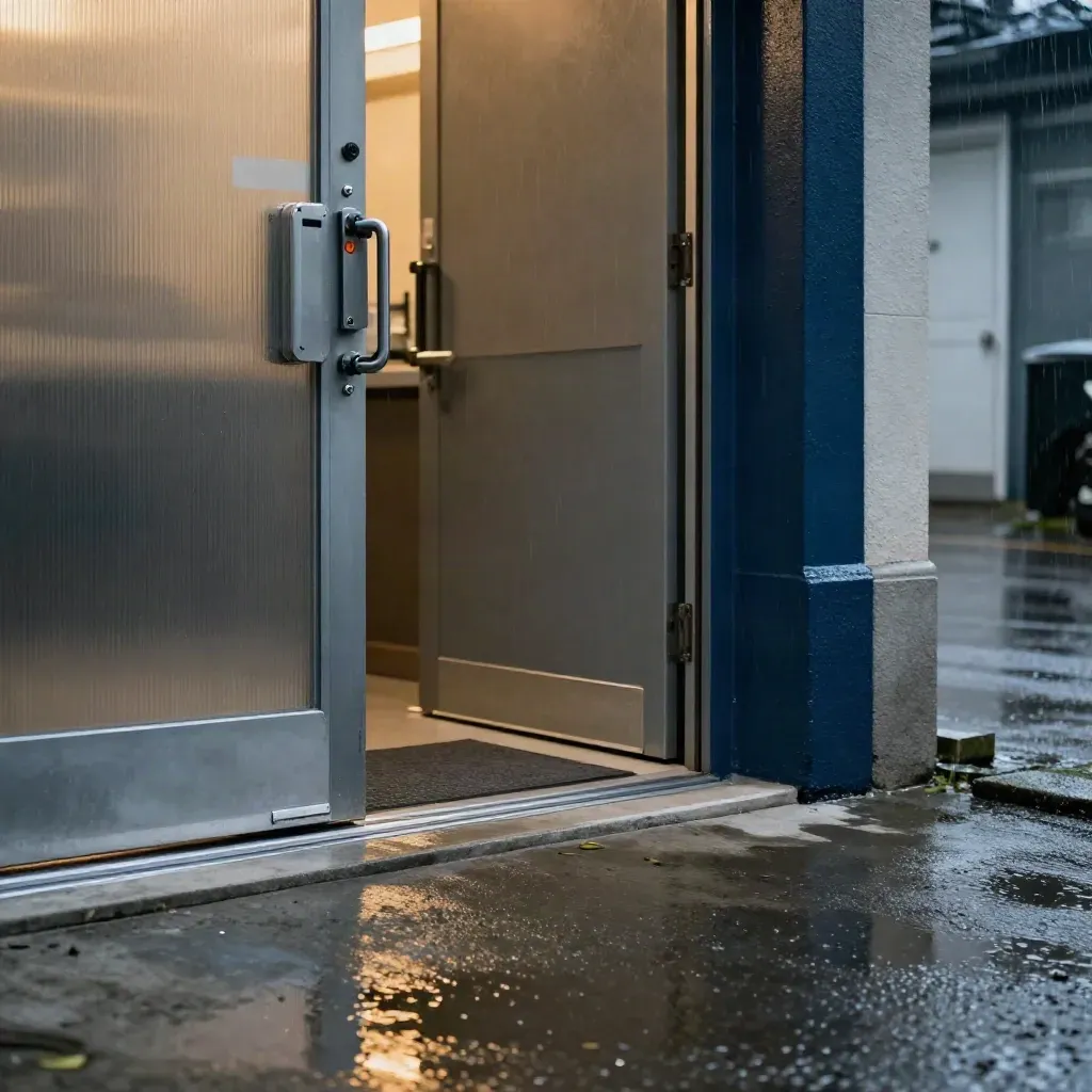 Rain-slick retail back door with alarm sensor, reinforced hardware, and stockroom glow.