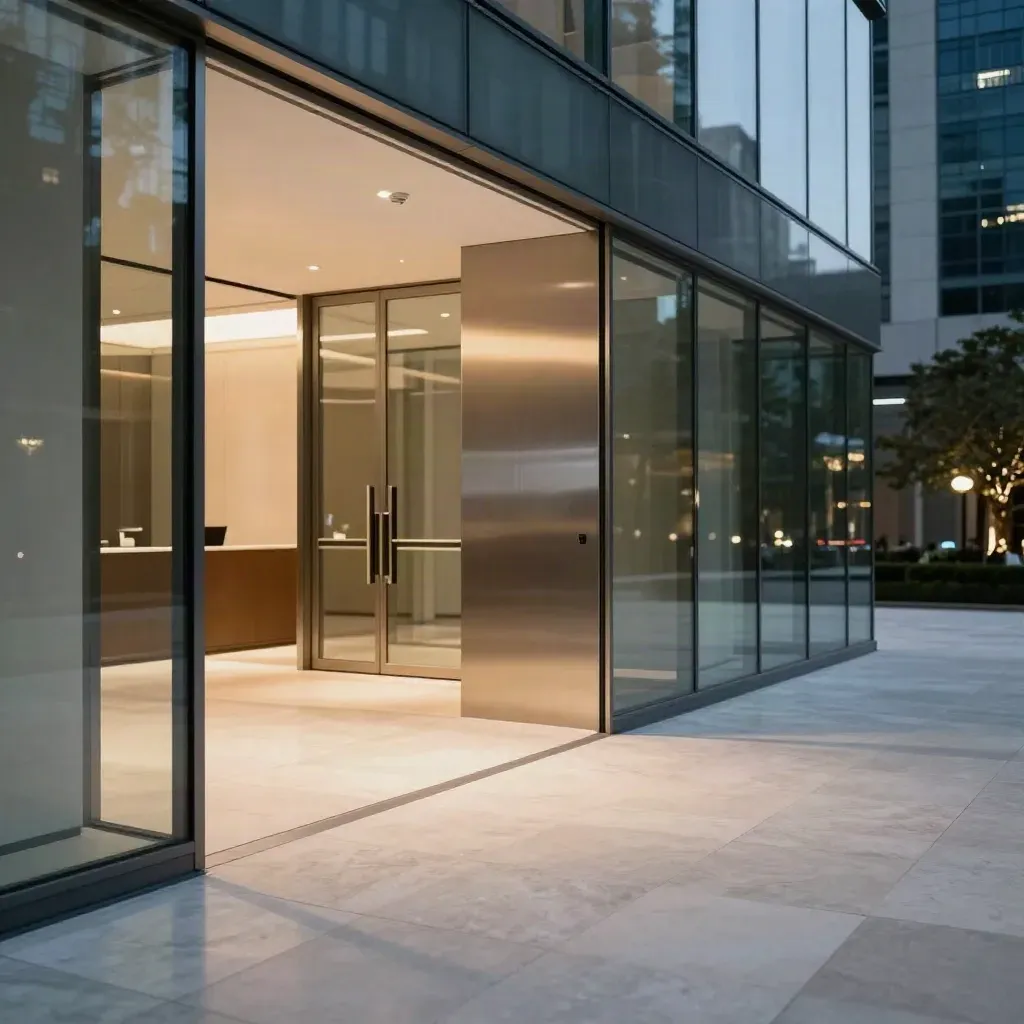 Quiet glass office lobby with lit side corridor, motion sensor, and reflective stone floor at night.