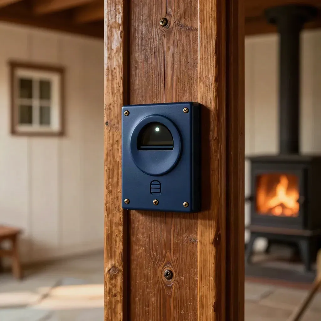 Extreme macro of a cottage alarm panel, porch contact and window sensor glowing in warm woodsmoke light.