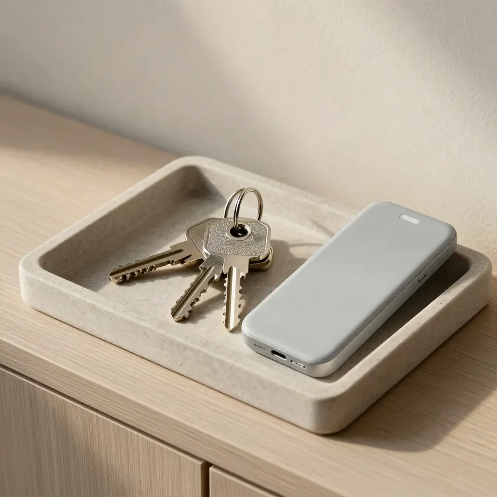 Overhead still life of keys, sensor shell and alarm remote on a pale stone tray.