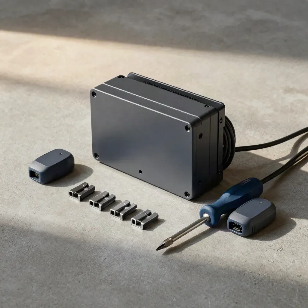 Overhead alarm kit flatlay with panel, cable, clips, screwdriver, and sensors on concrete.